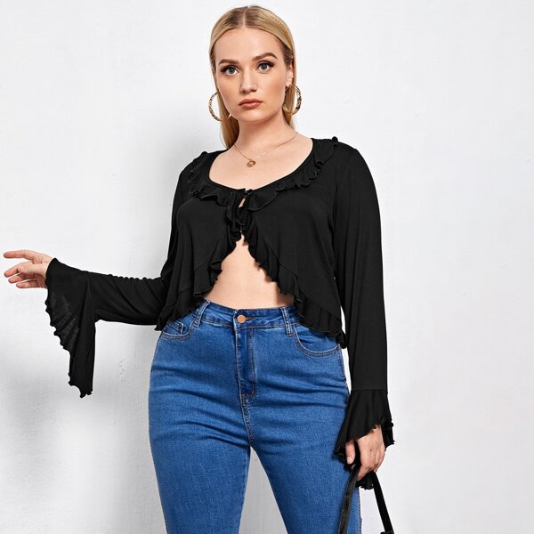 

Plus Ruffle Trim Flounce Sleeve Top, Black