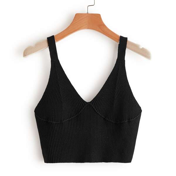 

Crop Rib-knit Cami Top, Black