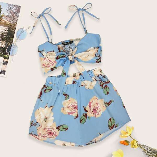 

Floral Tie Front Shirred Back Cami Top With Shorts, Multicolor