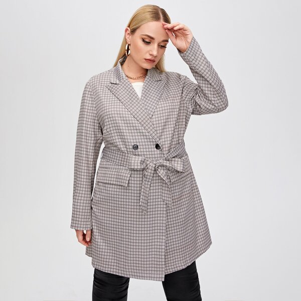 

Plus Plaid Lapel Neck Double Button Belted Coat, Multicolor
