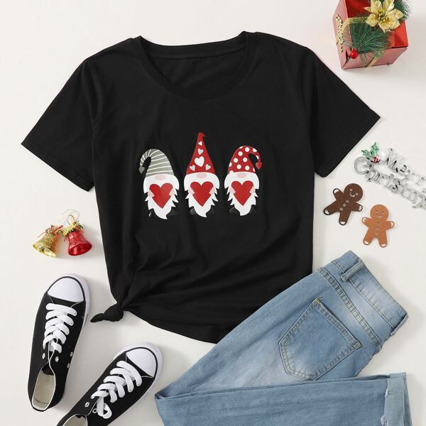 

Christmas & Heart Print Tee, Black