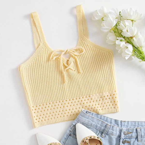 

Tie Front Crop Knit Top, Yellow pastel