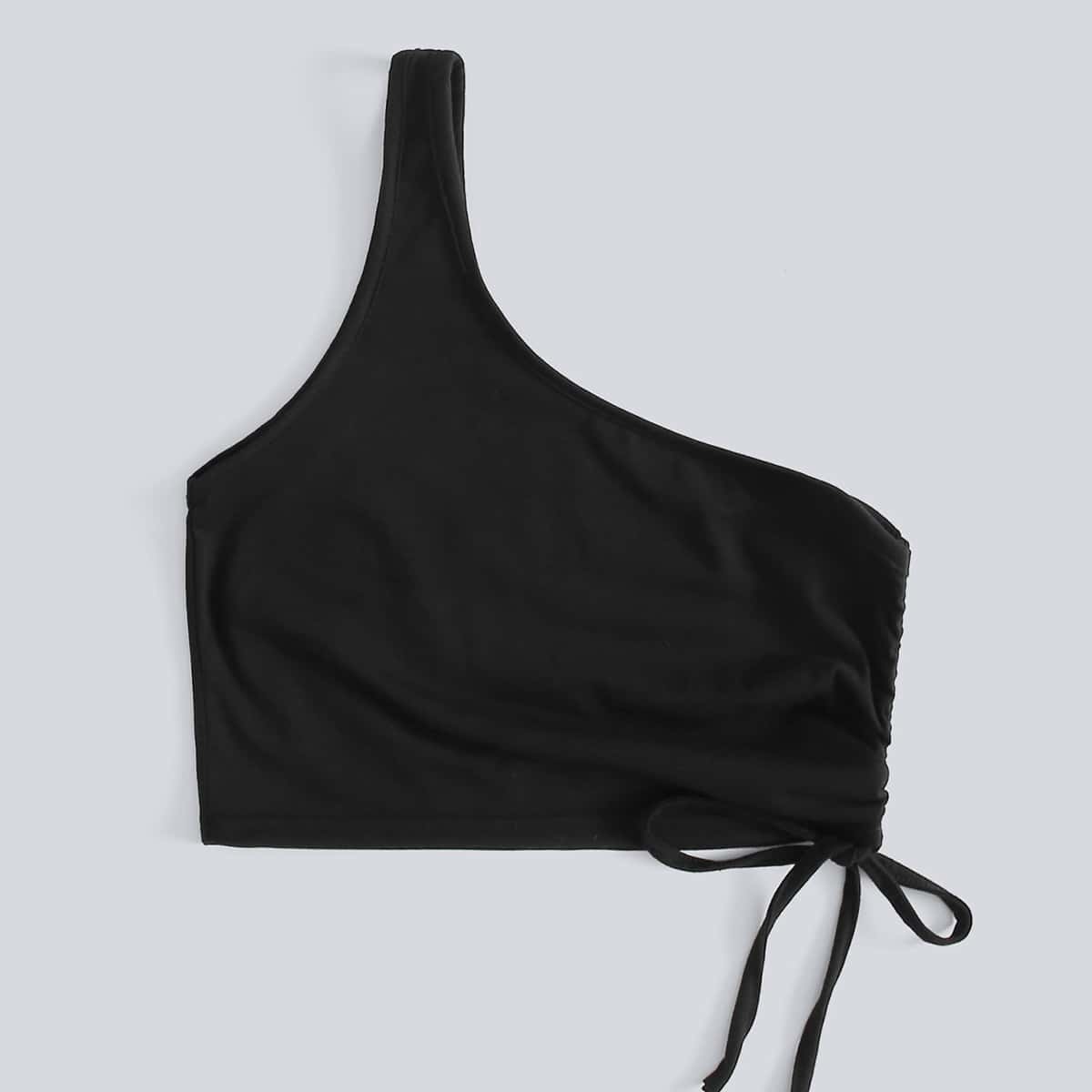 

Solid Drawstring One Shoulder Crop Top, Black