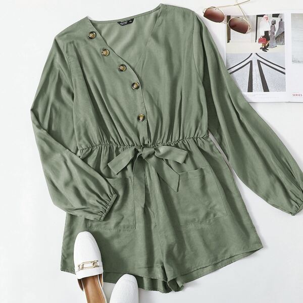 

Plus Button Front Knot Detail Romper, Mint green