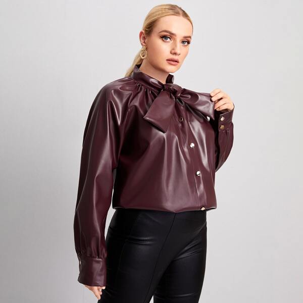 

Plus Tie Neck Single Breasted Raglan Sleeve PU Blouse, Maroon