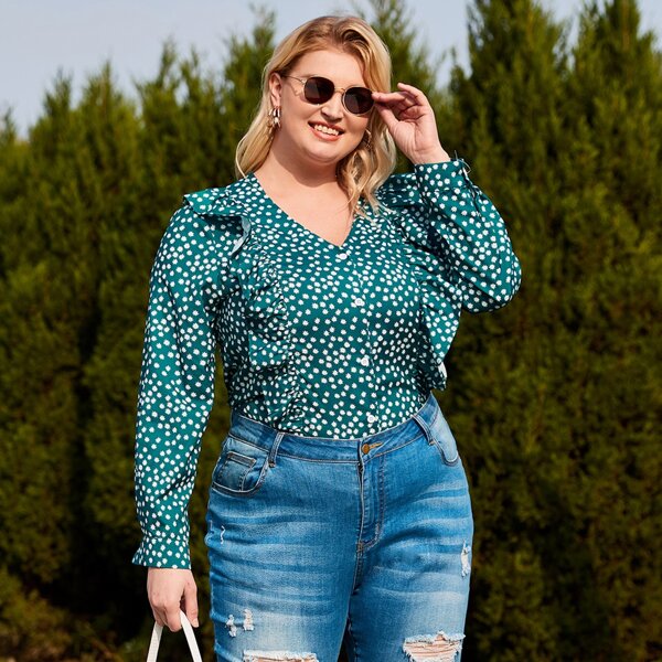 

Plus Ditsy Floral Ruffle Trim Button Front Blouse, Green