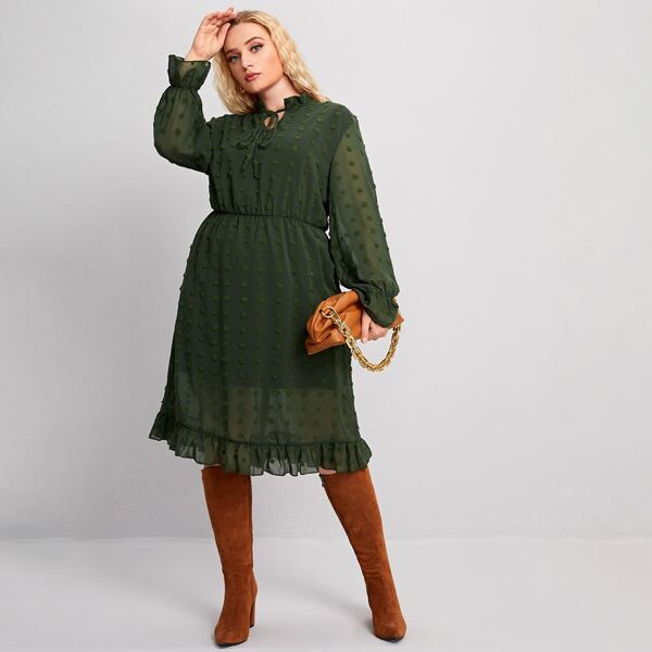 

Plus Swiss Dot Tie Neck Flounce Sleeve Ruffle Hem Dress, Army green