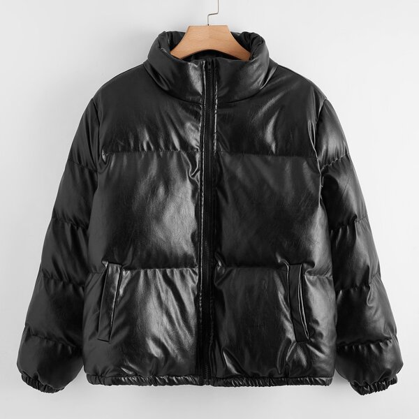 

Plus Solid Funnel Neck Puffer Jacket, Black