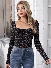 SHEIN Frenchy Tie Front Ruched Bust Ditsy Floral Top Winter Flower Casual - Multicolor - View 1