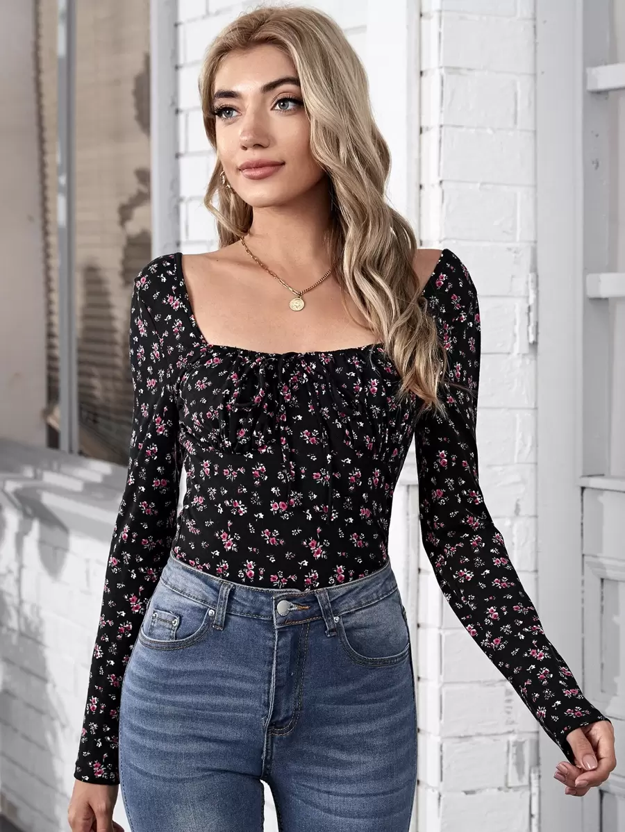 SHEIN Frenchy Tie Front Ruched Bust Ditsy Floral Top Winter Flower Casual - Multicolor - View 1