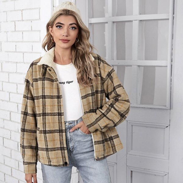 

Zip Up Teddy Collar and Lined Plaid Coat, Multicolor