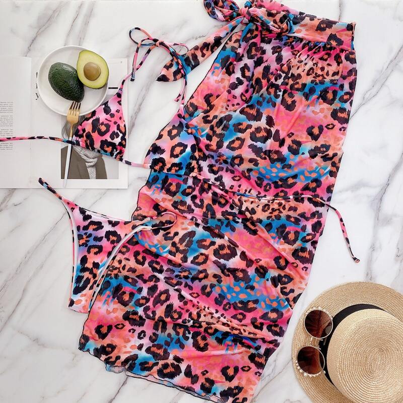 

3pack Leopard Micro Triangle Bikini Swimsuit & Beach Skirt, Multicolor