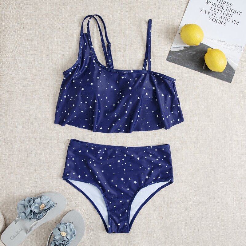 

Star Print Hanky Hem Bikini Swimsuit, Navy blue