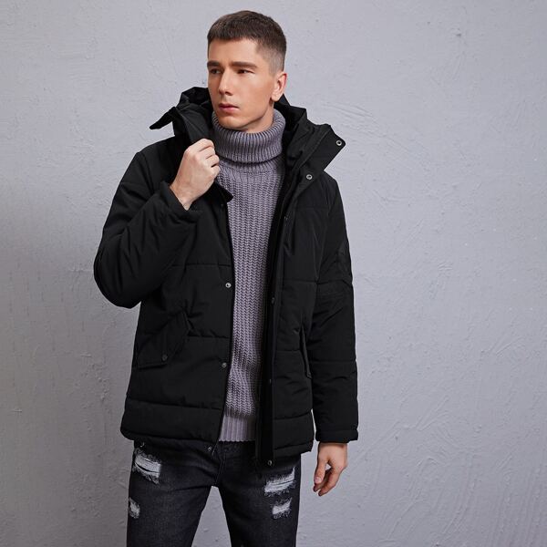 

Men Drawstring Zip Up Hooded Puffer Coat, Black