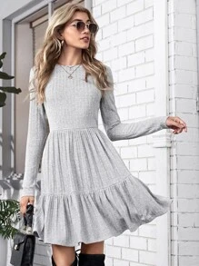 SHEIN LUNE Vestido bajo con fruncido tejido de canalé - Gris Claro - Ver 1