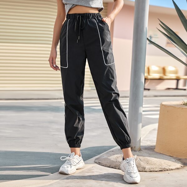 

Contrast Binding Knot Front Sports Pants, Black