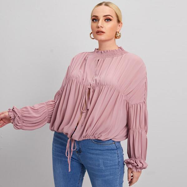 

Plus Shirred Neck Tie Front Crinkle Top, Dusty pink
