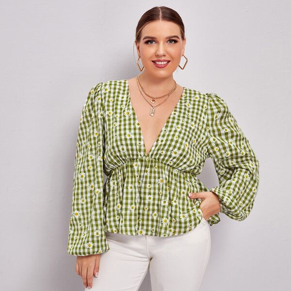 

Plus Plunging Neck Daisy Floral and Gingham Peplum Top, Green