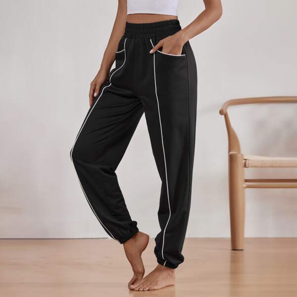 

Pocket Front Elastic Waist Sports Pants, Black