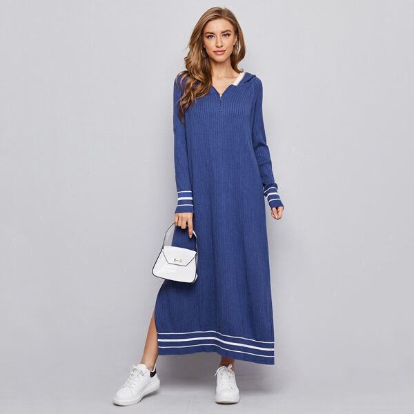 

Zip Half Placket Split Side Hooded Sweater Dress, Blue