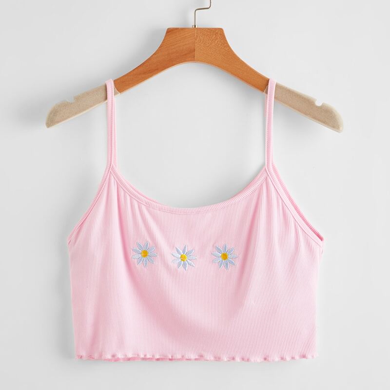 

Floral Embroidery Crop Cami Top, Baby pink