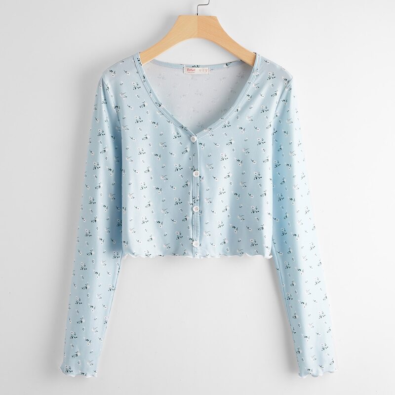 

Button Front Ditsy Floral Tee, Baby blue