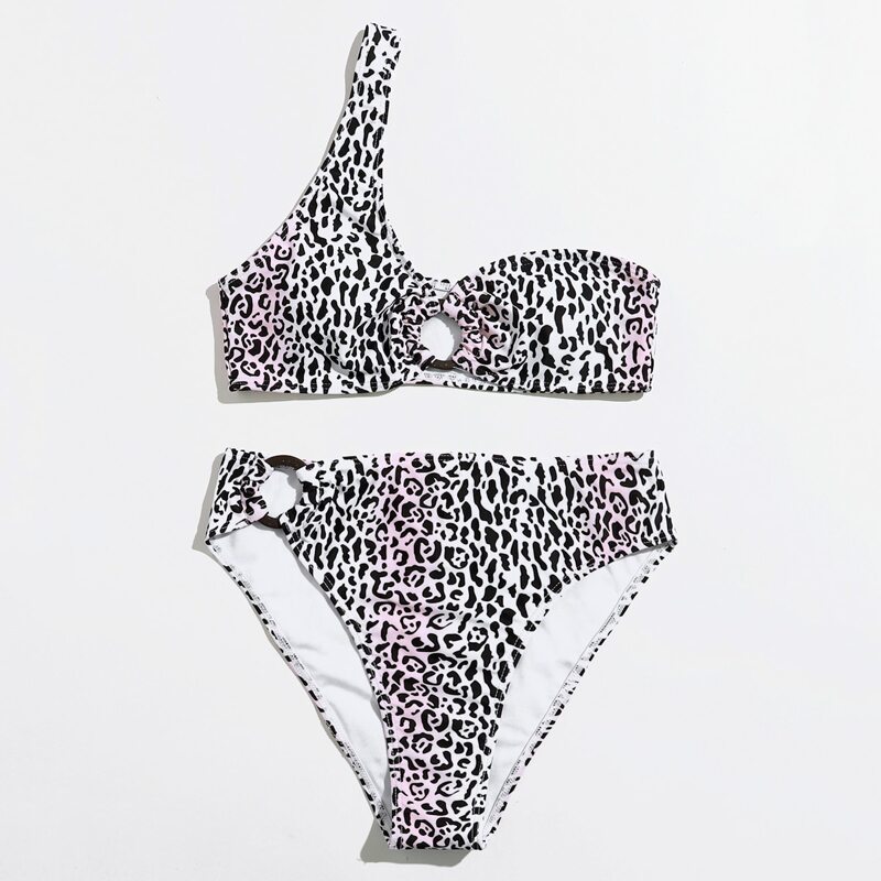 

One Shoulder Leopard Bikini Swimsuit, Black and white