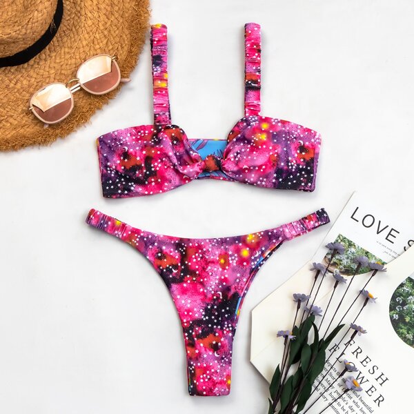 

Galaxy Print Knot Detail Thong Bikini Swimsuit, Multicolor