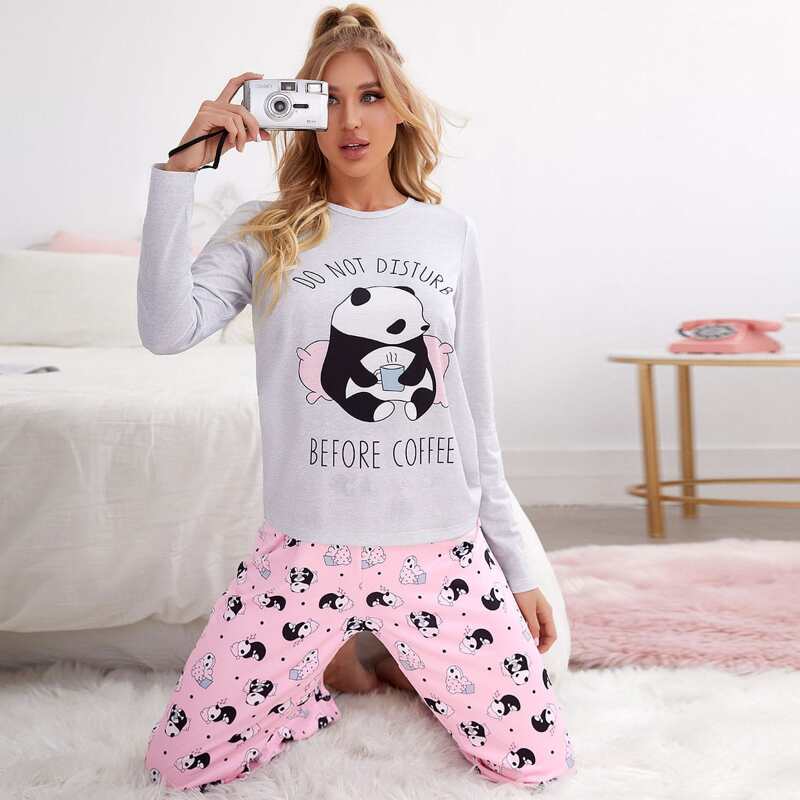 

Cartoon Panda And Slogan Graphic PJ Set, Multicolor