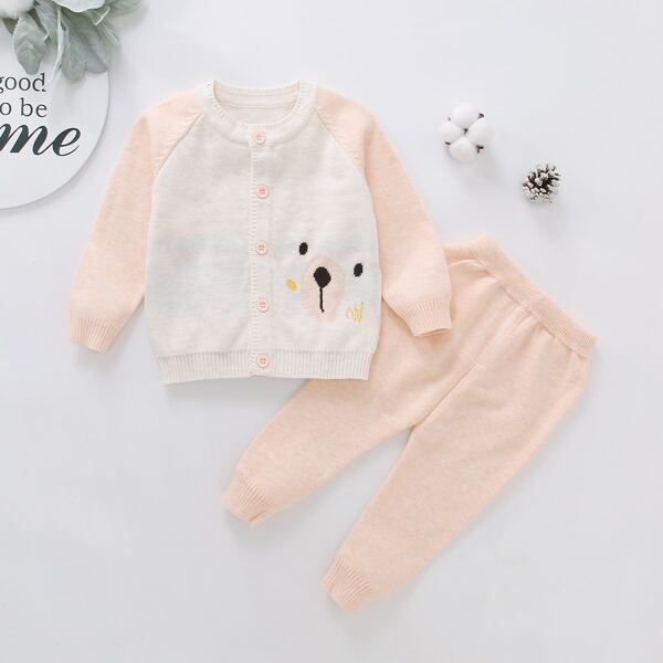

Baby Unisex Cartoon Pattern Raglan Sleeve Cardigan & Knit Pants, Multicolor