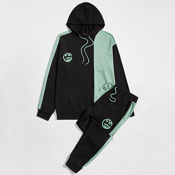 

Men Graphic Print Two Tone Hoodie & Sweatpants Set, Multicolor