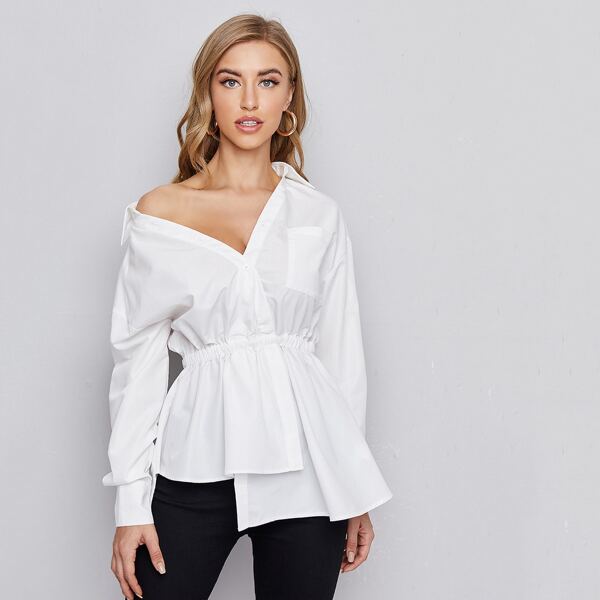 

Collared Pocket Front Asymmetrical Hem Peplum Top, White