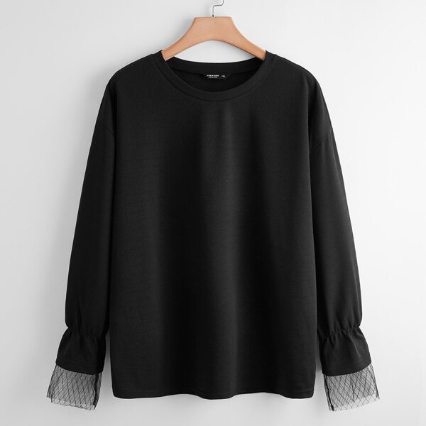 

Plus Contrast Mesh Cuff Tee, Black