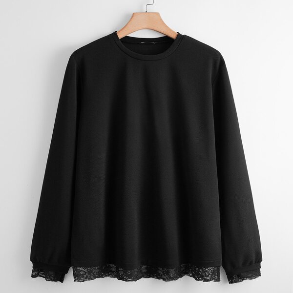 

Plus Solid Contrast Lace Hem & Cuff Sweatshirt, Black