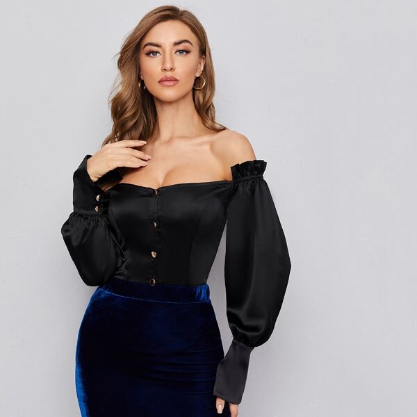 

Off Shoulder Buttoned Front Satin Top, Black