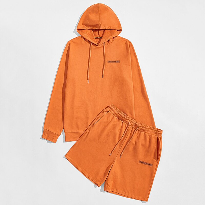 

Guys Letter Graphic Drawstring Hoodie & Shorts Set, Orange