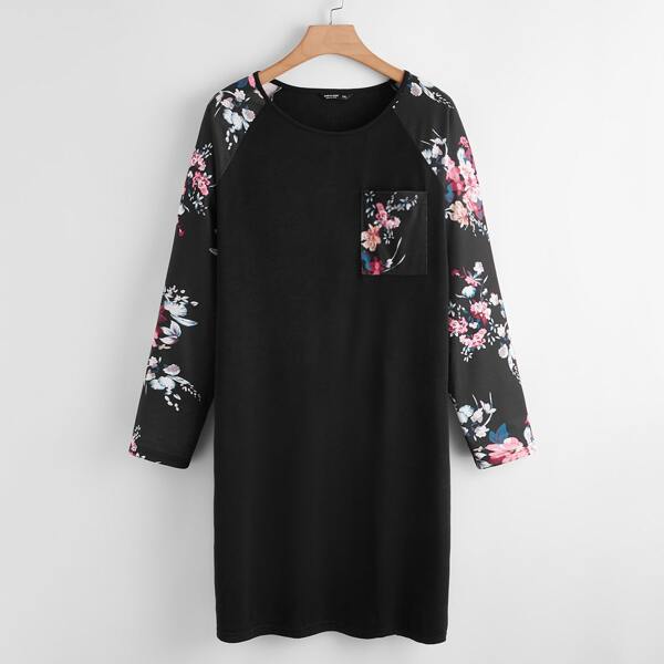 

Plus Floral Raglan Sleeve Patch Pocket Dress, Black