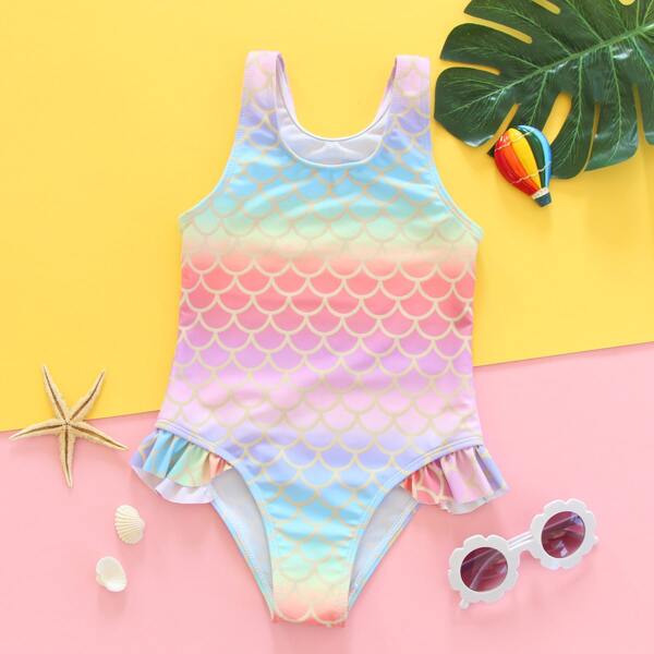 

Toddler Girls Fish Scale Print One Piece Swimsuit, Multicolor