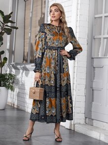 SHEIN Clasi 佩斯利圖案繫帶領連衣裙 - 彩色 - 查看 1