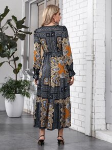 SHEIN Clasi 佩斯利圖案繫帶領連衣裙 - 彩色 - 查看 2