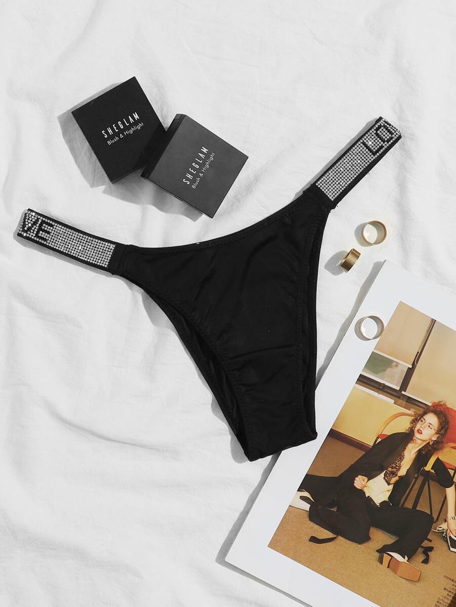 Bragas con diseño de diamante de imitación con estampado de letras - Negro - Ver 1