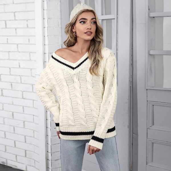 

Striped Trim Cable Knit Sweater, Beige