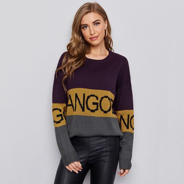 

Letter Pattern Colorblock Sweater, Multicolor