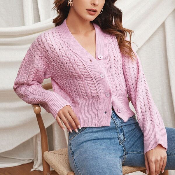 

Single Breasted Cable Knit Solid Cardigan, Baby pink