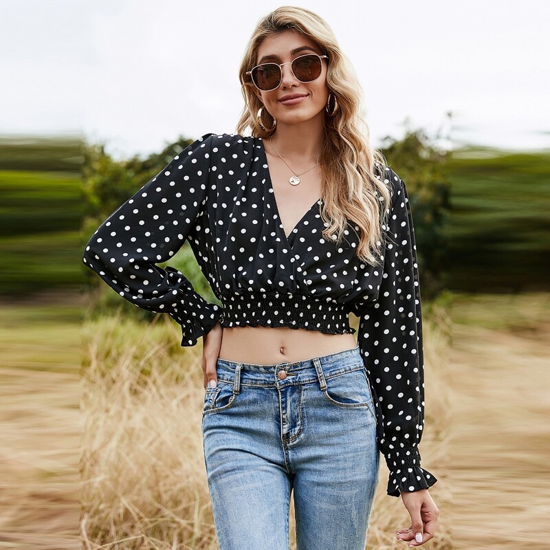 Shirred Hem Polka-dot Print Crop Top, Black