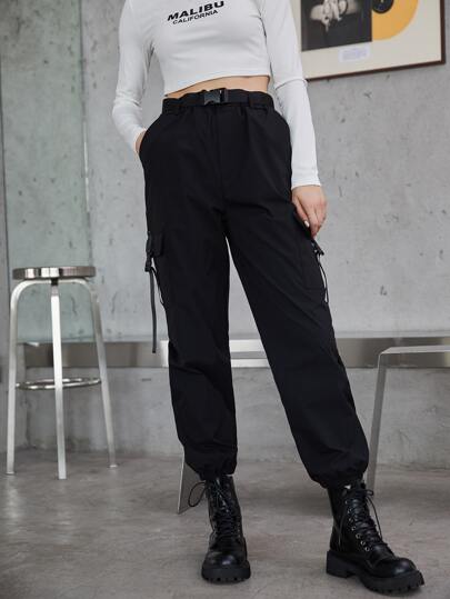 Solid Belted Cargo Pants