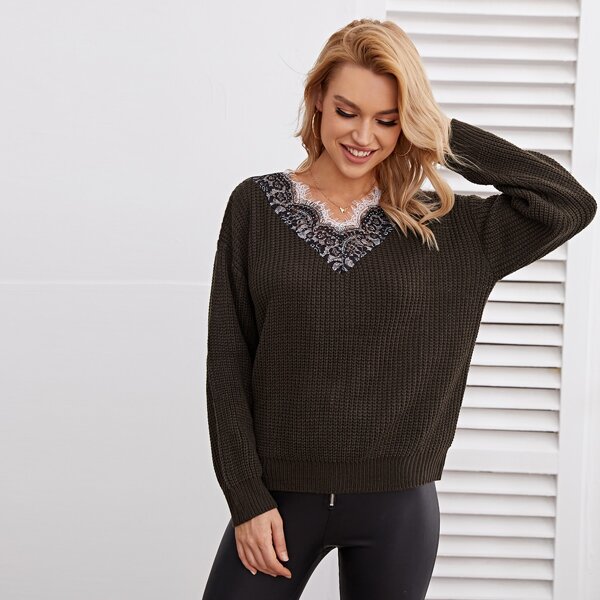 

Lace Trim Drop Shoulder Sweater, Chocolate brown