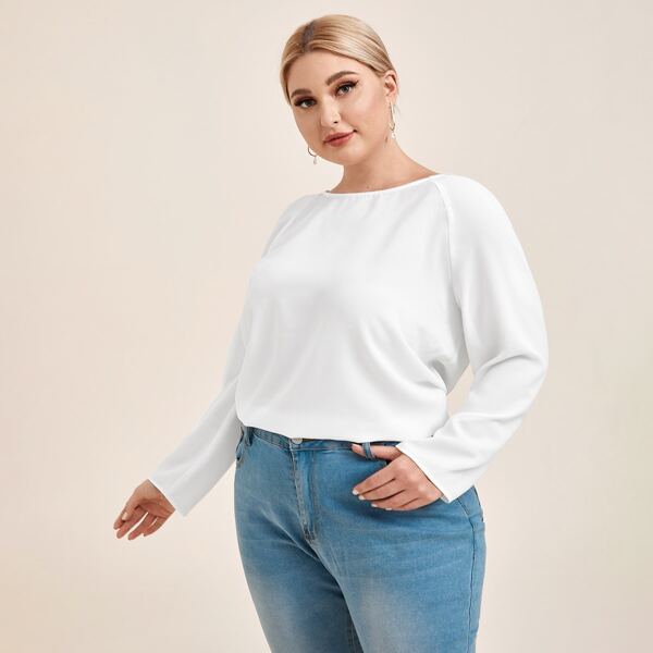 

Plus Raglan Sleeve Wrap Back Solid Top, White