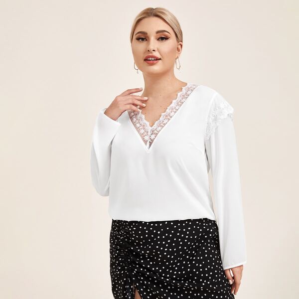 

Plus Embroidered Mesh Trim Solid Top, White