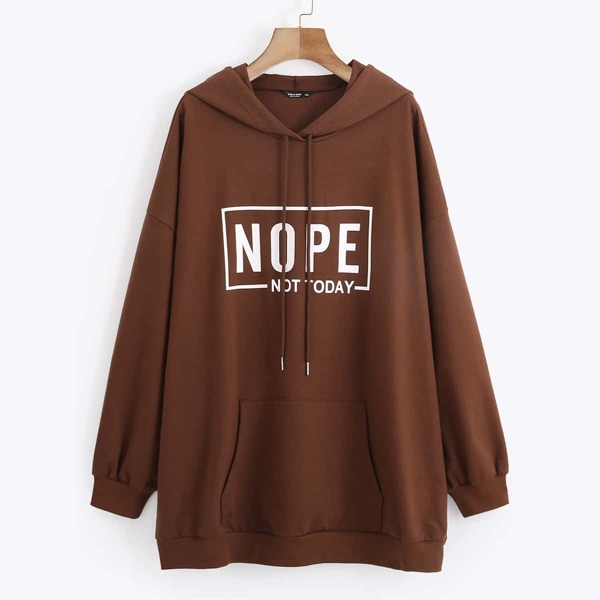 

Plus Slogan Graphic Drawstring Hoodie, Rust brown
